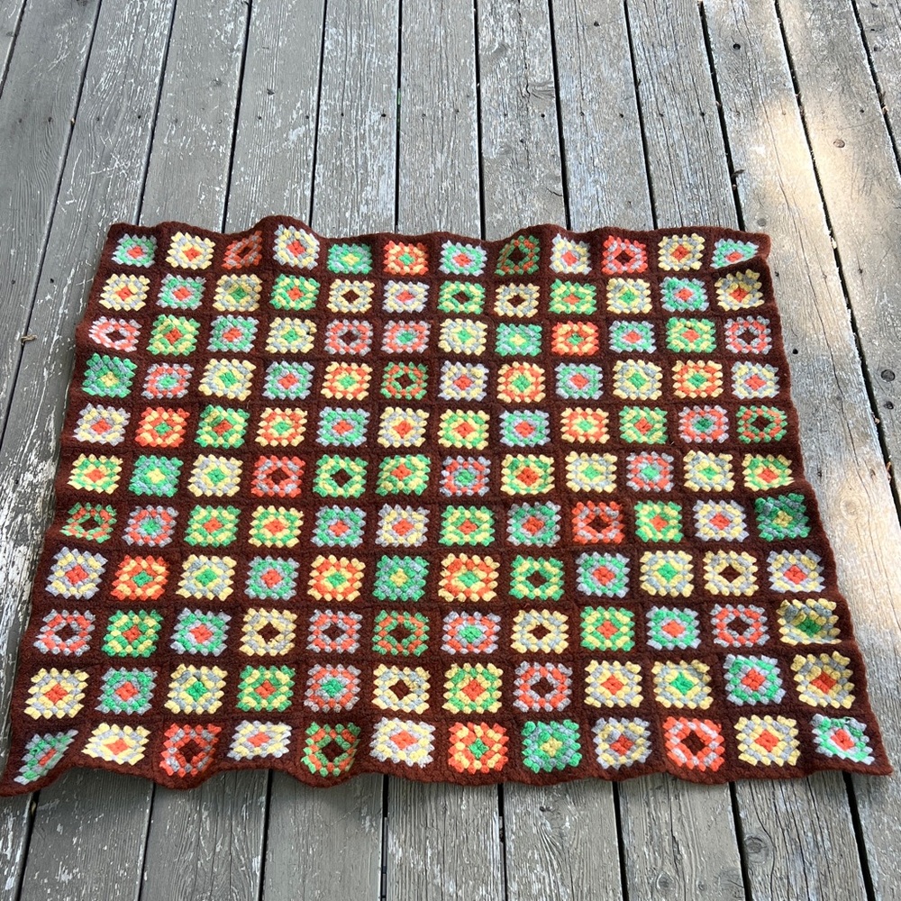 Handmade wool Crochet Granny Square Blanket in Brown with Bright Accents